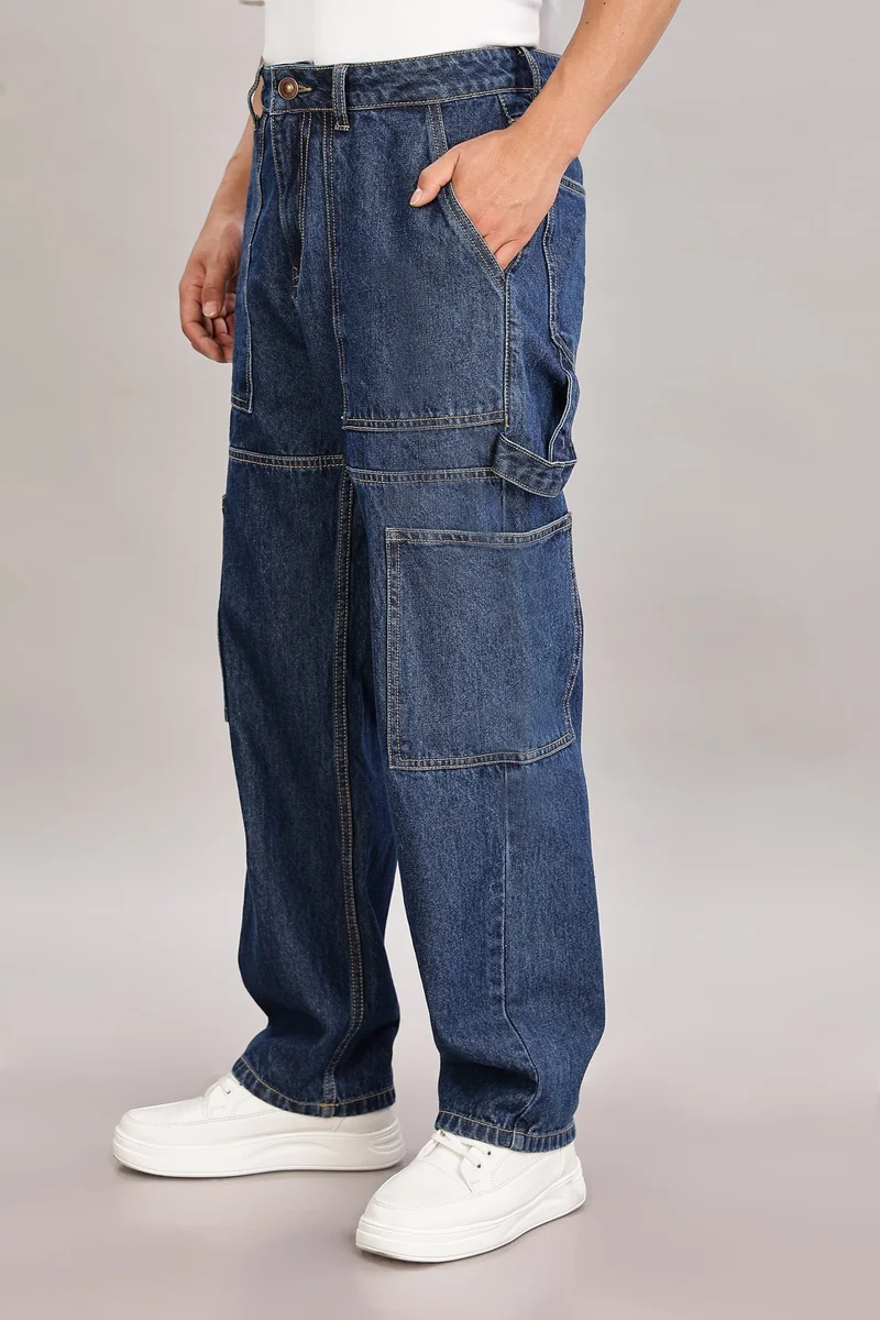 inkd Dark Knight Men's Carpenter Baggy Jeans Mid-Rise | 100% Cotton | Contrast Stitch| 6 Pocket Styling | Baggy Jeans for Man | Loose fit & Comfortable for Men | Best Price UAE